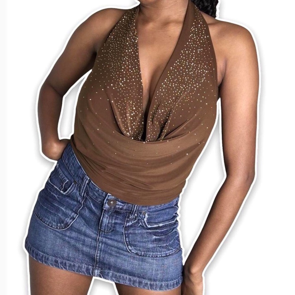 Y2K brown, cowl neck, halter top, backless blouse, with Gold rhinestones